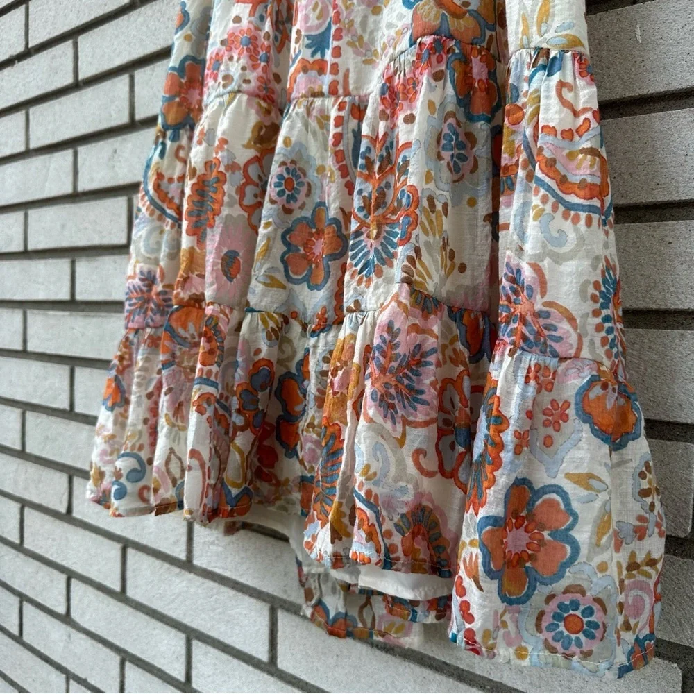 1. STATE Puff Sleeve Gauzy Boho Paisley Floral Tiered Mini Dress Tie Back L